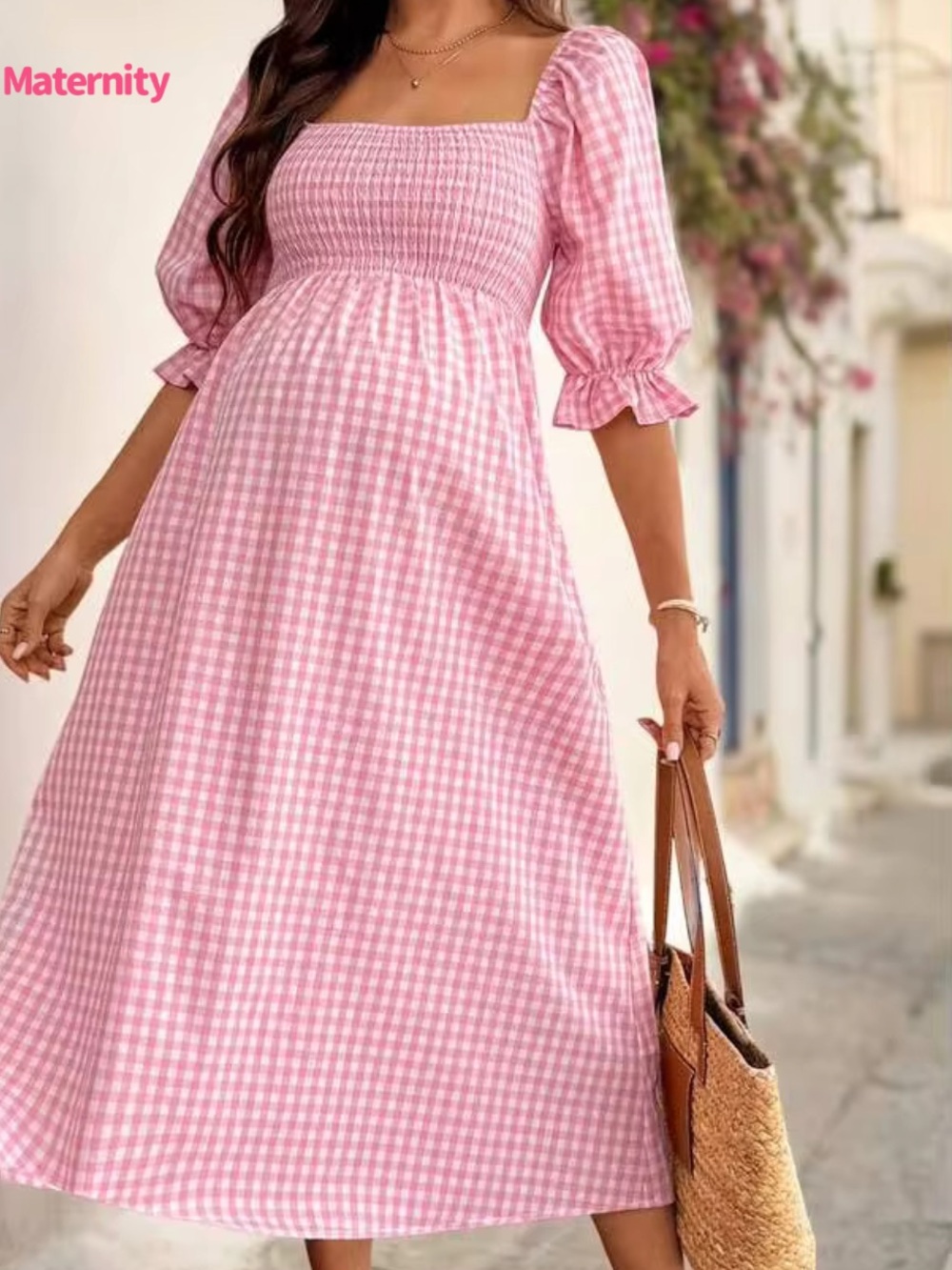 MATERNITY PINK GINGHAM CHECKERED DRESS NEW - Picture 1 of 3